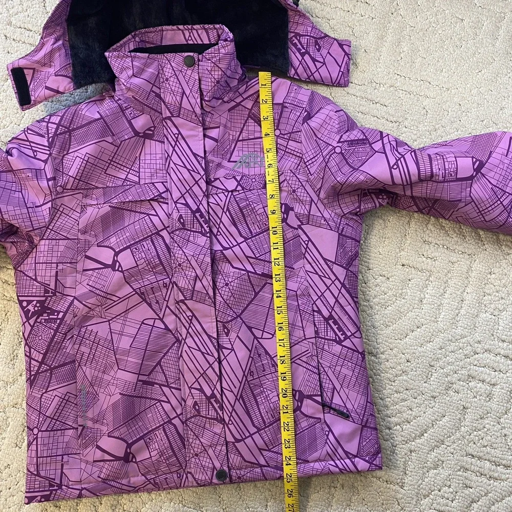 OTU Womens Purple Geometric Map Print Waterproof Ski Snowboard Jacket Hooded Med